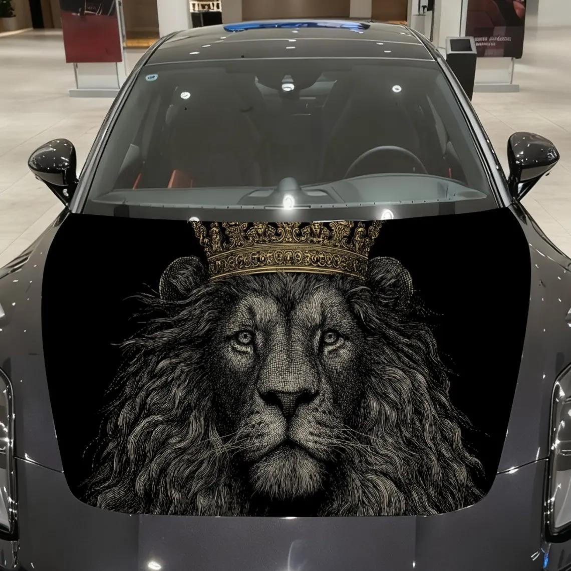 

Car Decals A Lion In Black-Gold Color Scheme Close - Up With Ornate Crown, Detailed Fur Textures And Regal Visual Appeal Car Hoo