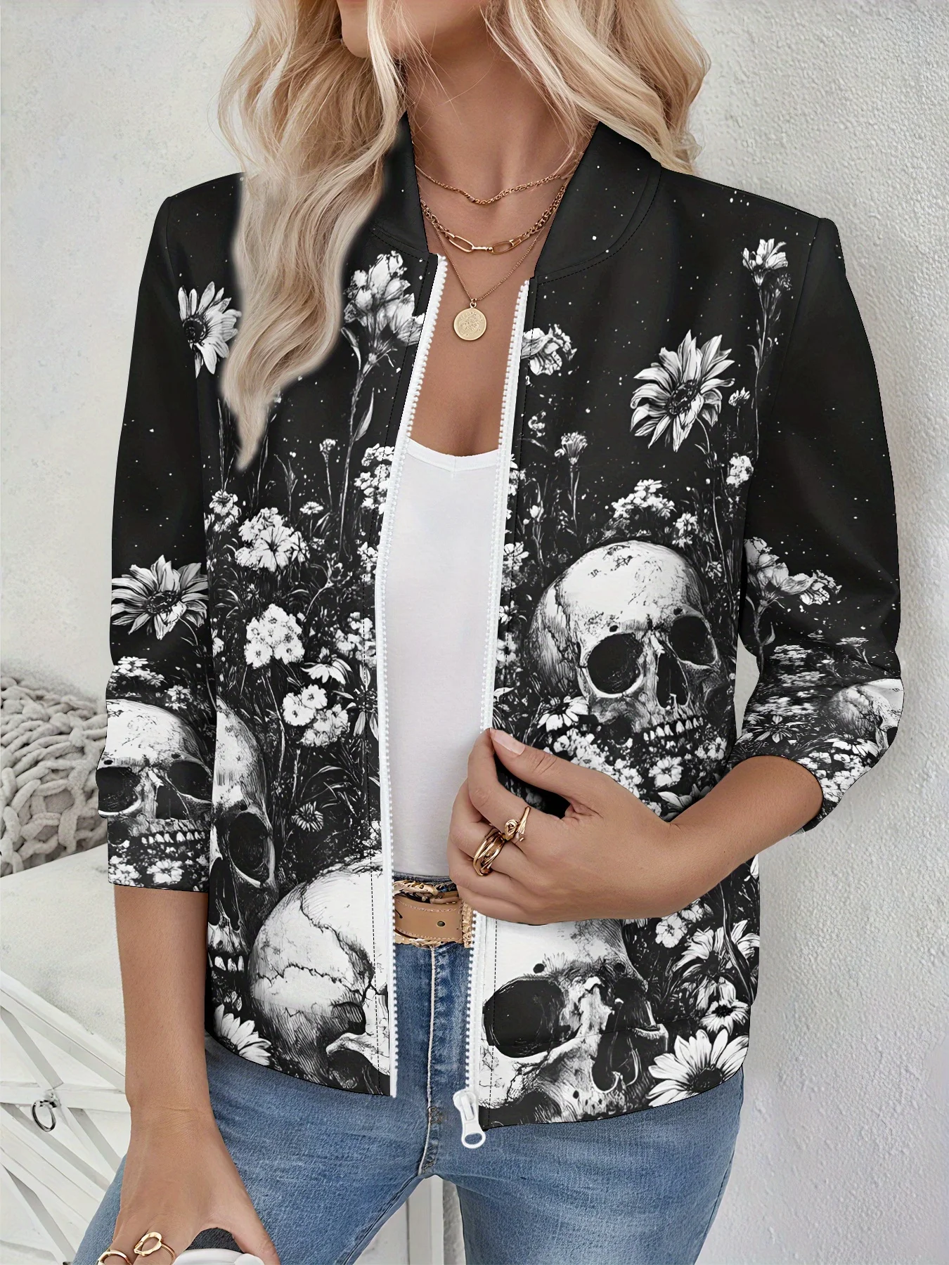 

Women's Gothic Floral Skull Jacket, Black White Baseball Collar, Long Sleeve Zipper Design, Edgy Casual Outerwear