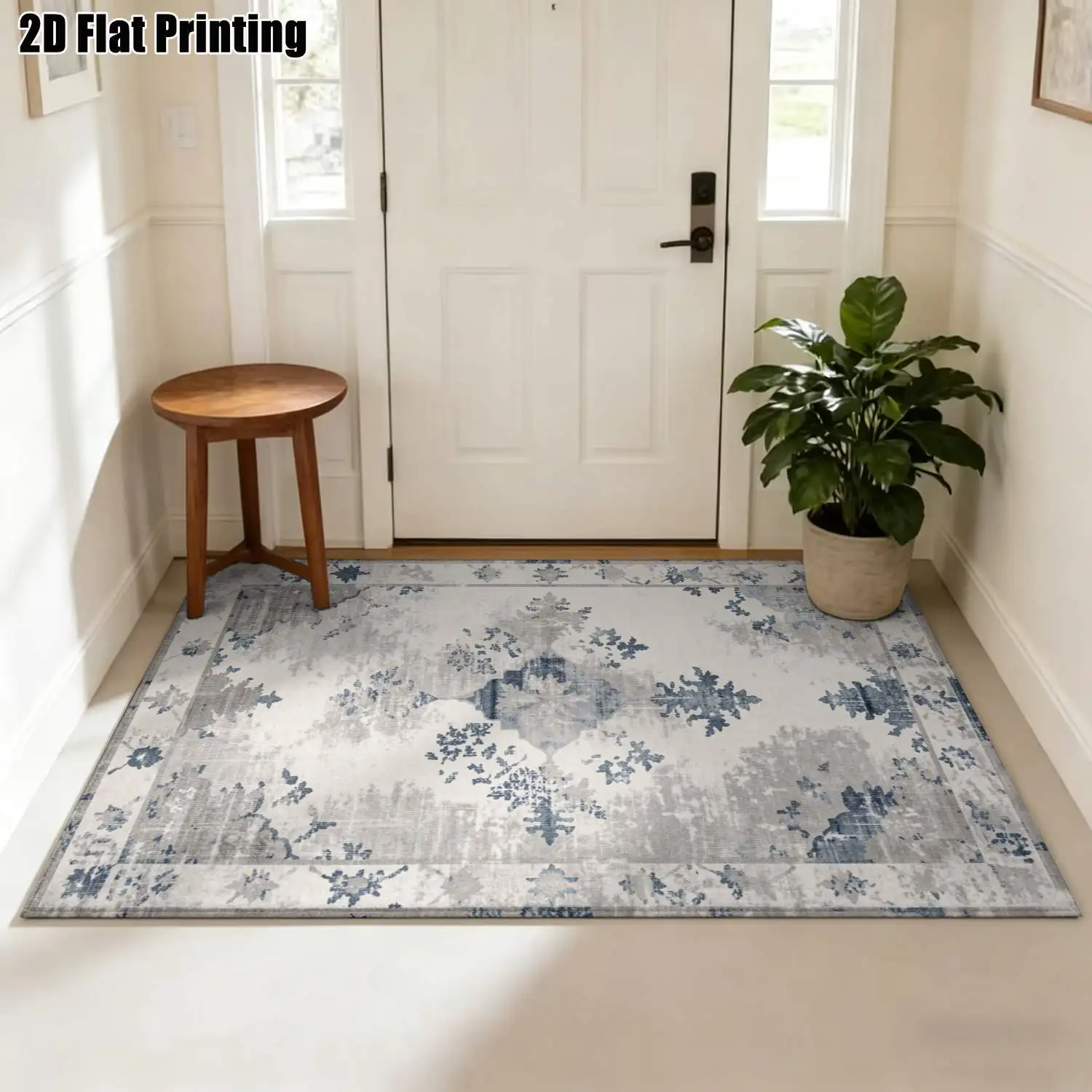 1Pc 2D Printed Carpet: Blue-Grey Retro European Pattern, Nordic Modern Simple Design, Multi-Size, Machine Washable, for Entrance, Dining, Foyer, Study, Living, Bedroom