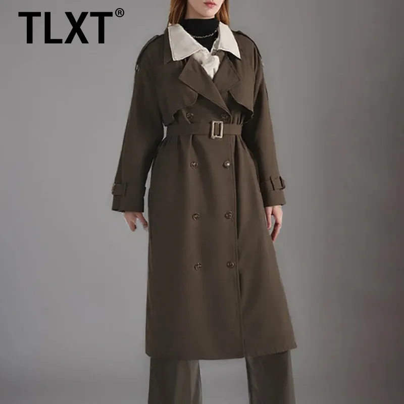 

TLXT Fashion Women's Fake 2 Piece Contrast Color Trench Coat Lapel Loose Double Braested Sashes Windbreaker 2025 Autumn New