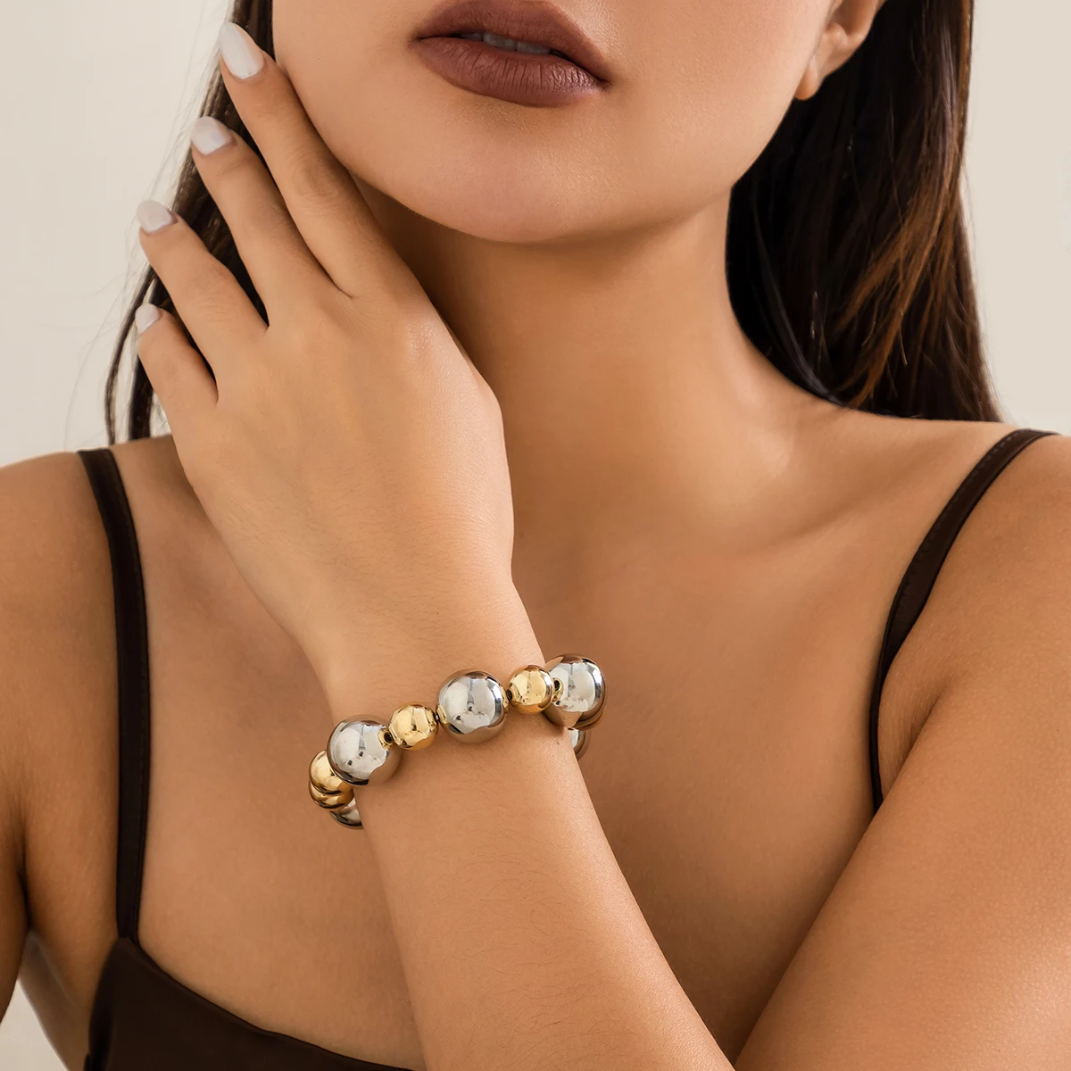 Lacteo Punk Big CCB Beads Strand Bracelet for Women Mix Color Round Ball Chain Bangles Party Wedding Street Jewelry Accessories