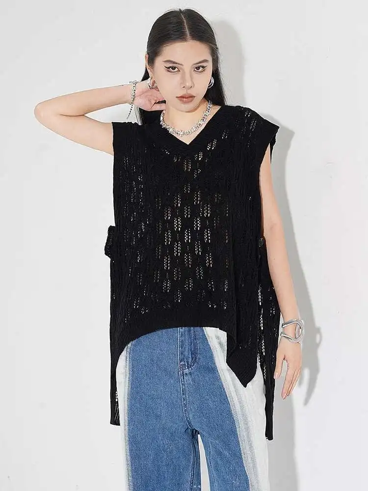 

Women Black Hollow Out Irregular Big Size Knitting Vest New V-collar Sleeveless Fashion Tide Spring Summer