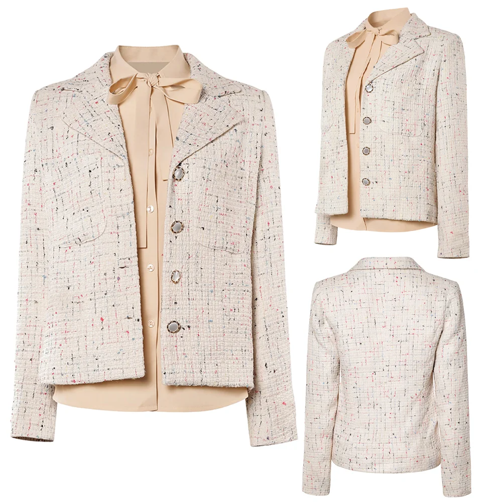 Im Han-rim Cosplay Costume Teach You a Lesson Women Tweed Blazer 2 Piece Outfit Lapel Pocket Short Jacket Bow Tie Collar Shirt view 2