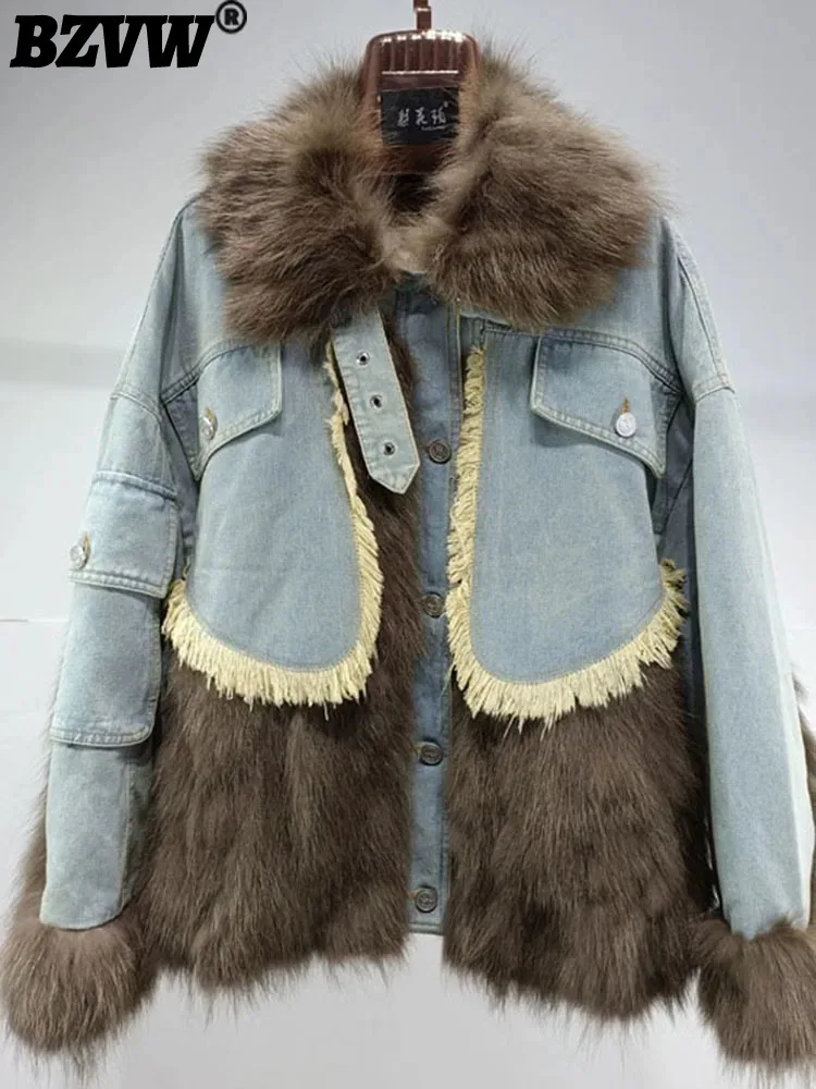 BZVW Elegant Fur Denim Patchwork Coat Women's Lapel Single Breatsed Contrast Color Short Coats 2025 Winter New Clothing 25Z1192