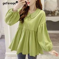 Ruffle Kawaii Sweet Peter Pan Collar Loose Tops Blouses for Women 2023 Spring Autumn New Korean Fashion Solid Long Sleeve Shirts