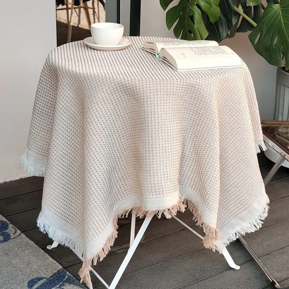 

Multi-purpose Garden Table Cloth Waffle Texture Fringe Round Table Tablecloth Solid Color White Dinner Tea Table Covers Picnic