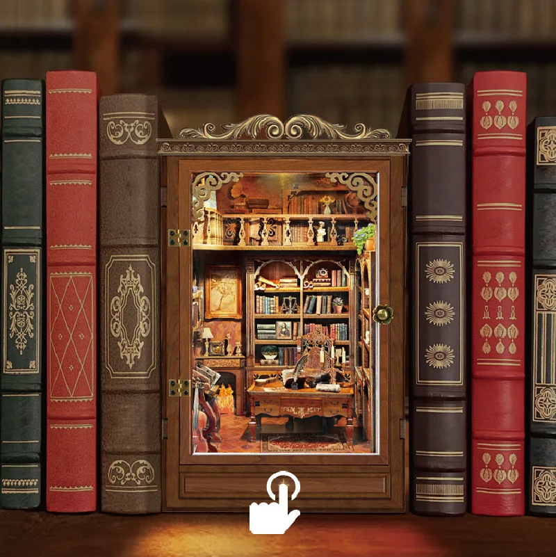 Diy livro nook prateleira inserir tempo livro casa estante de madeira modelo em miniatura kit com luzes estante para amigos presentes aniversário