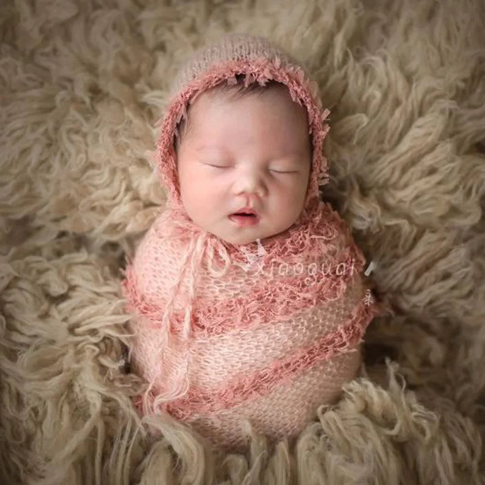 Newborn Photography Props Blanket Mohair Wrap Swaddling Photography Hat Bunny Hat Backdrop Babies Photo Shoot Accessories