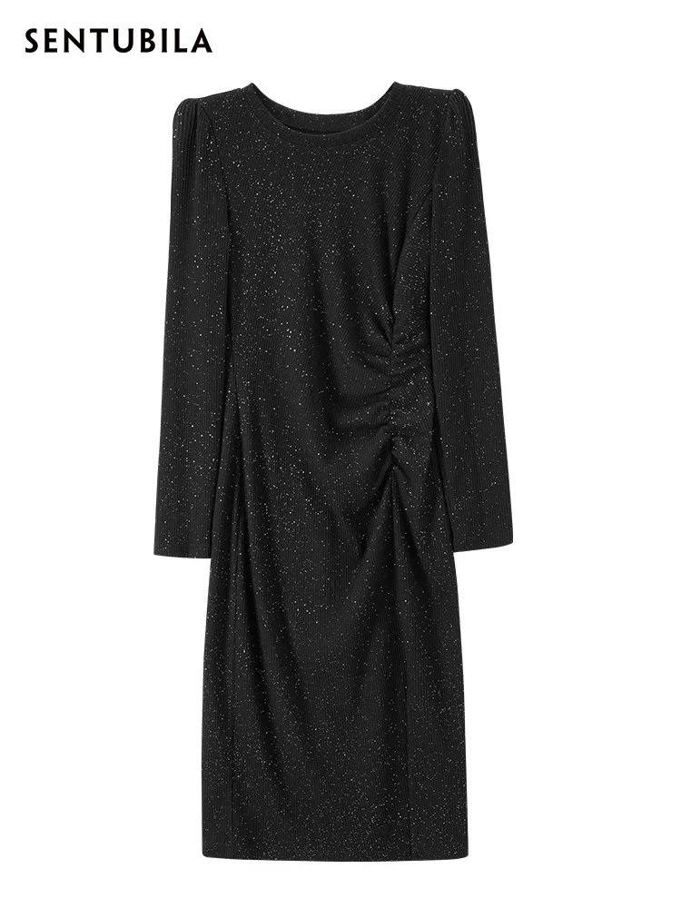 SENTUBILA Abito aderente con paillettes nero per donna 2025 Autunno elegante signora sexy abito da compleanno lavorato a maglia diviso di lusso 143L56650X