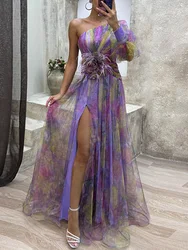 Women One Off Shoulder Printing Maxi Dress, Spring Summer Loungewear Skew Collar Party Dress, Long Sleeve Patchwork Ladies Dress