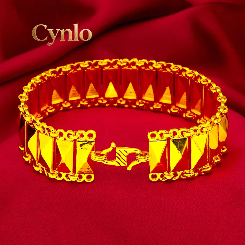 

Cynlo Jewelry Rhombus Wide Edge S-Clasp Bracelet Men's 24K Gold AU999 - Wide band fits wrist well, no tightness, for all-day com