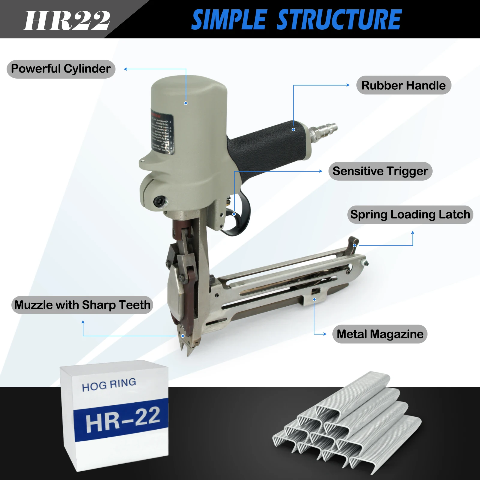 

WOODPECKER HR22 15 Gauge D-Ring Air Gun,7.8mm Closure Diameter,Car seat upholstery,Spring mattress fabrication