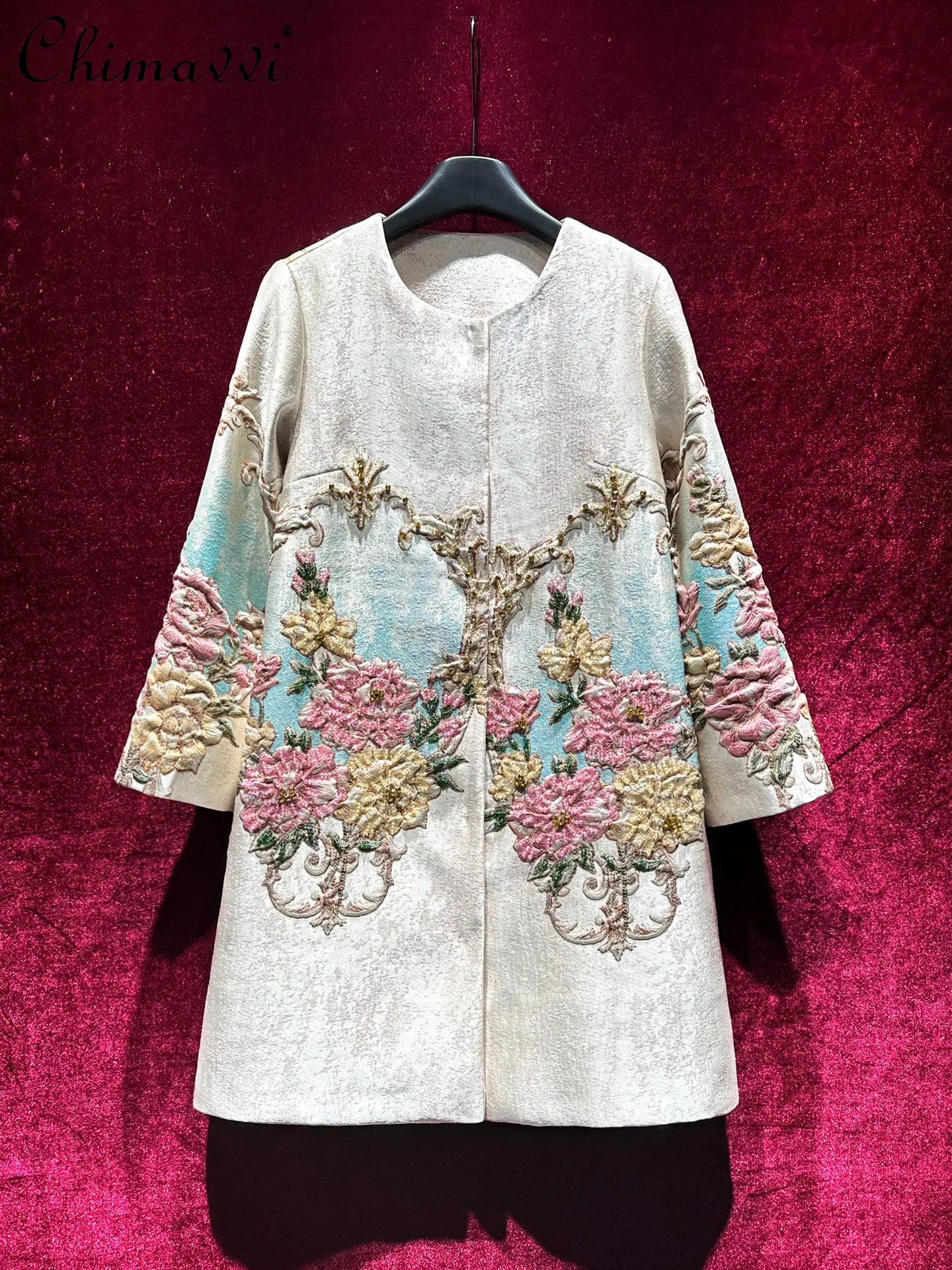 

Французский ретро-тренч с богатой вышивкой бисером, роскошный жаккардовый плащ средней длины, женский весенний модный элегантный плащ с длинными рукавами