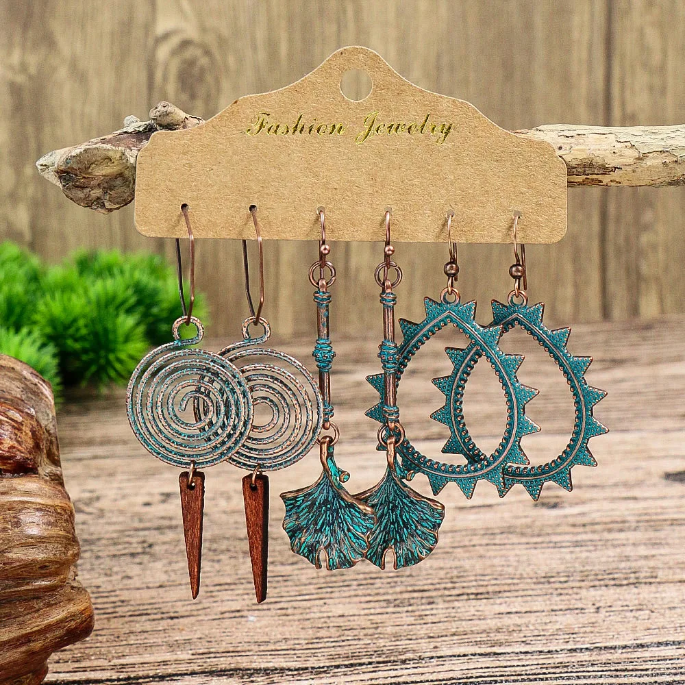 Vintage Bronze Big Tassel Drop Earrings Set Women Ethnic Blue Stone Feather Flower Geometric Earrings Jewelry 2023 Accessories