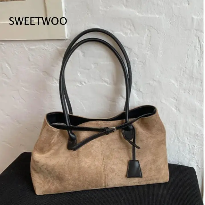 Retro Suede Shoulder Tote Bag with Drawstring Closure Casual Large Capacity Handbag for Women Daily Use