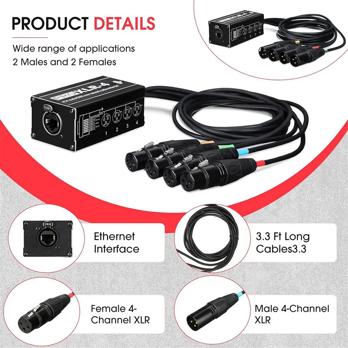 N33R_RJ45 auf 4-Kanal-XLR-Audio, 3-poliger DMX-Splitter-Stecker