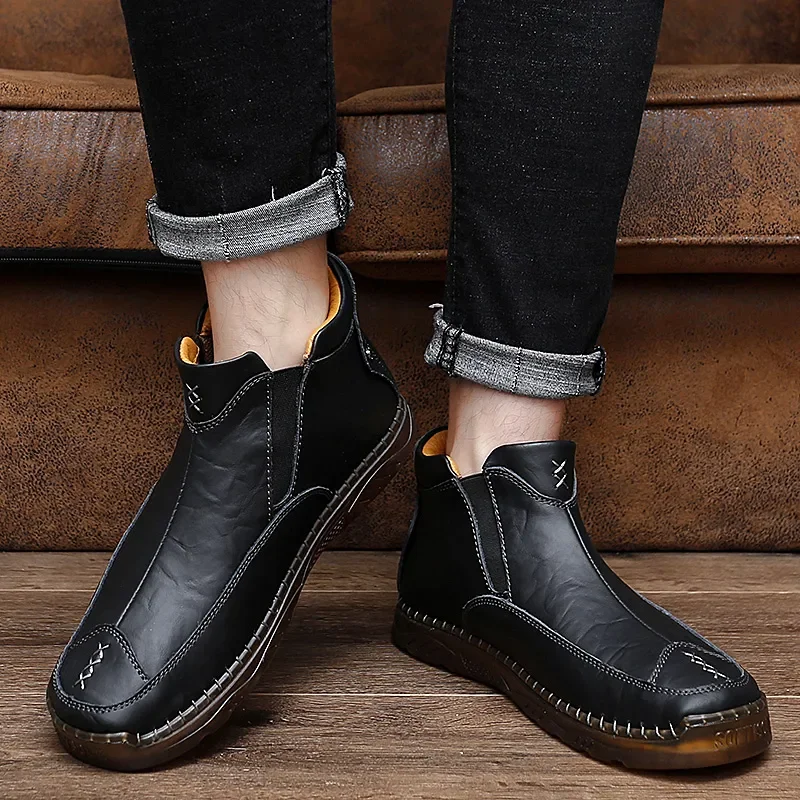 Autumn Winter Elegant Chelsea Boots Leather Men Shoes Round head Luxury designer Ankle boots Anti slip black Slip-on Big Size 47