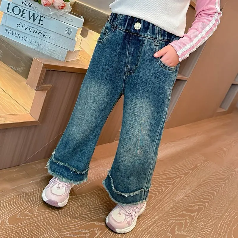 Girls Pants Spring and Autumn Children's Fashion Fringed Casual Wide Leg Pants Straight Leg Jeans