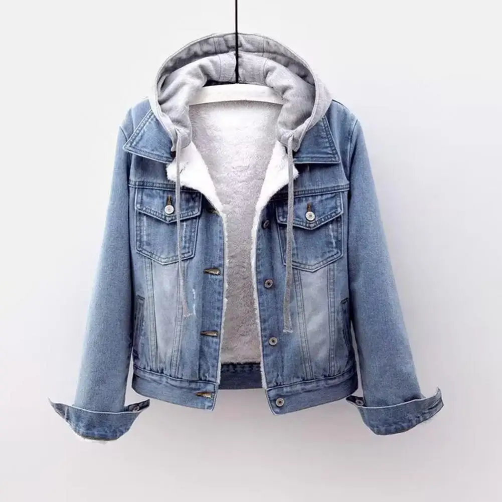 

Women's Jacket Thick Wool Lined Solid Color Pocket Lapel Single Breasted Long Sleeve Loose Denim Jacket Outdoor Coat