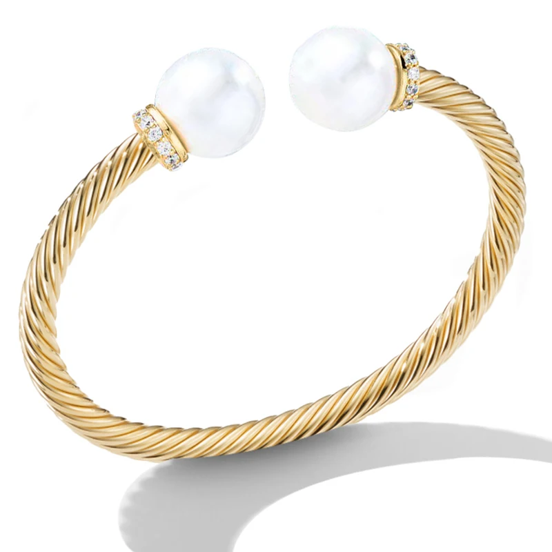 

4MM Twisted Stainless Steel Cable Imitation Pearl Opening Adjustable Cuff Women's Bracelet Christmas Gift