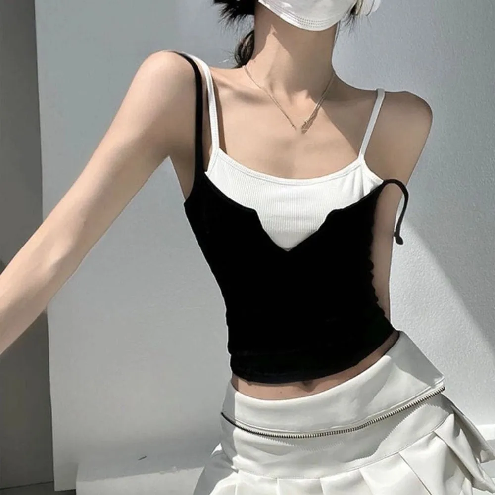 

Patchwork Fake Two Pieces Camisole Vest Sleeveless Slim Crop Top Undershirt Korean Style Sweet Girl's Tank Top Streetwear