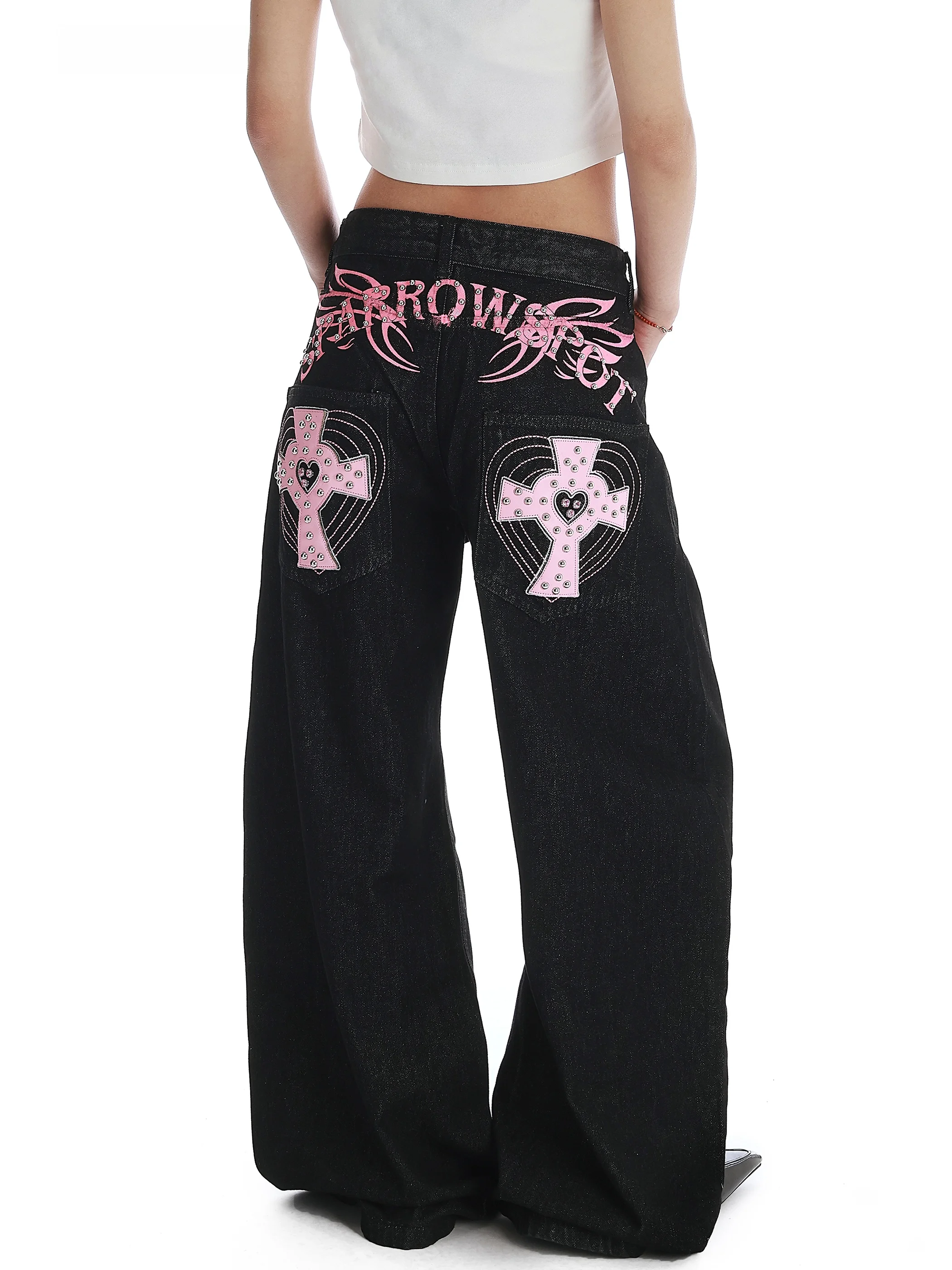 

Черные повседневные женские джинсы с декоративными заклепками, широкие брюки свободного кроя, универсальные джинсы из денима для повседневных случаев VINMUK