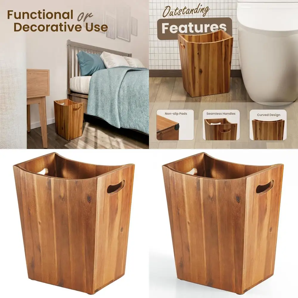 

Acacia Wood 2-Gallon Bin: Small Decorative Trash Can for Home, Office, Boho Style Bathroom Decor