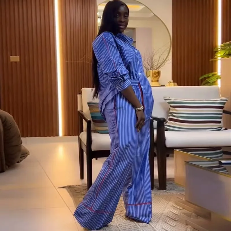 Faionable – ensemble irt et pantalon à fines rayures pour femmes, Long, boutonné, coupe ample, vêtements d'automne, vêtements de travail Ele, orm d'étudiant