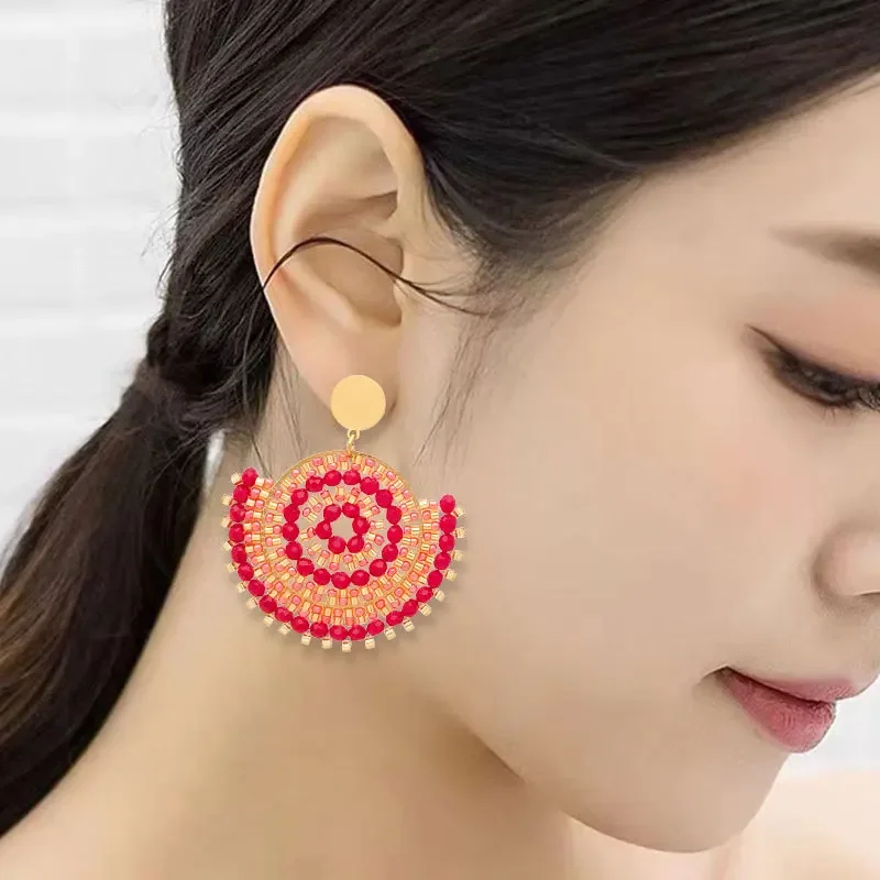 Rice bead earrings Hollow out Sector Versatile Red Hand knitting Crystal Female Fashion Bohemia Simple Alloy Beaded earrings