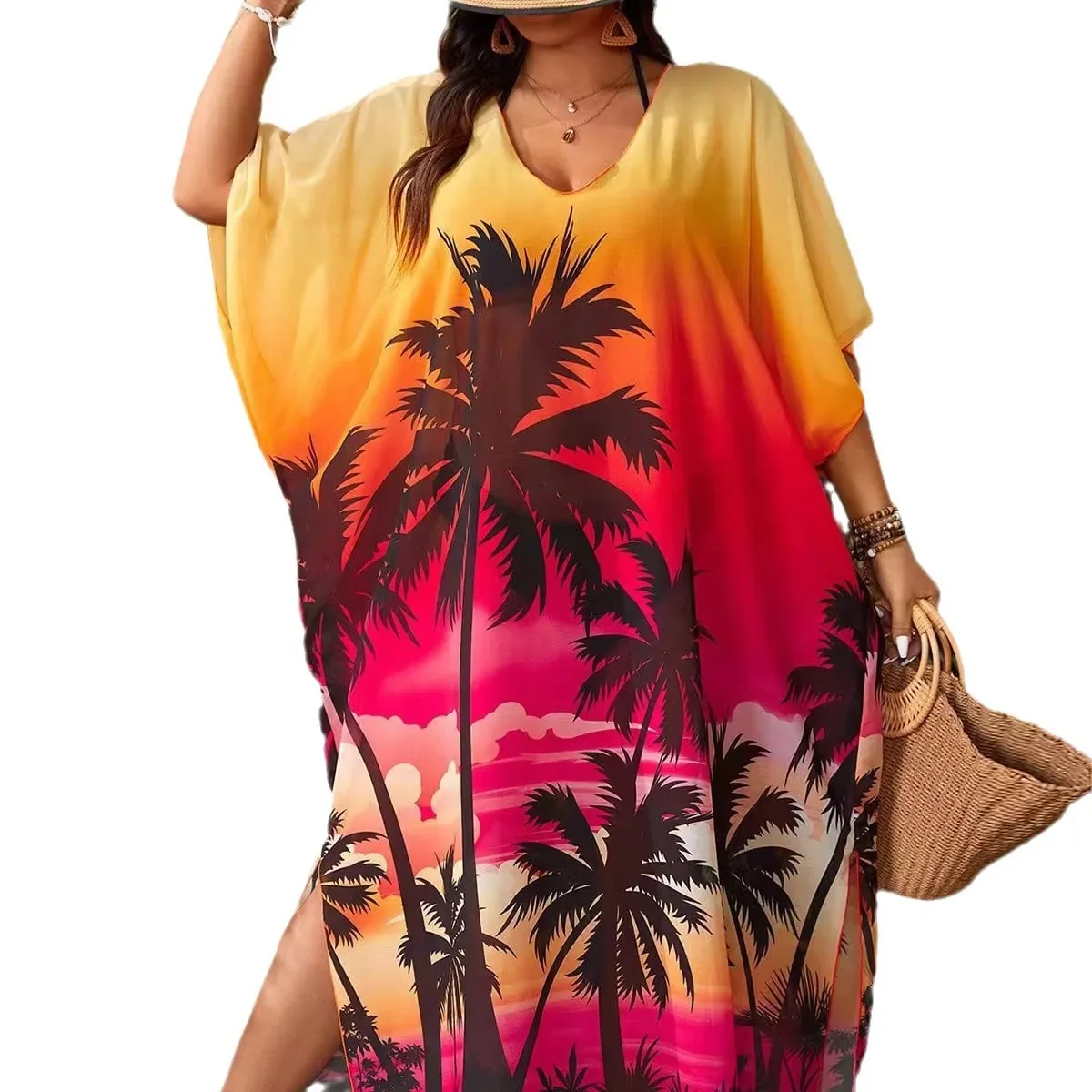 Vertuschung für Damen, Hemd, Strandkleid, Tunika, Hemdkleid, 2024, Sommerkleid, Kokospalme, Aufdruck, Vertuschungen, Strandmode, Badeanzug