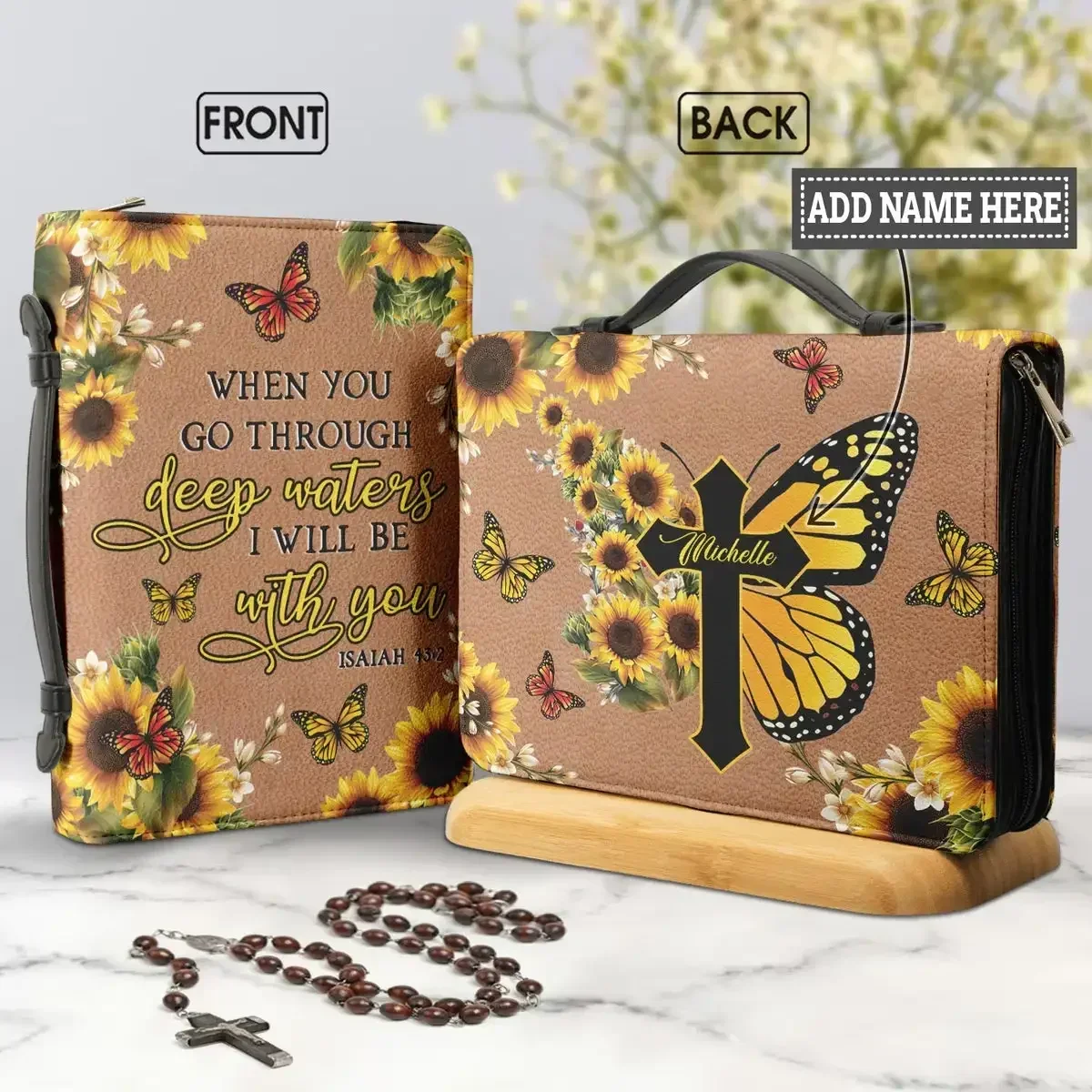 

Butterflies Cross Bible Verse Print Bible Storage Bag Women's Christian Bags Personalized Leather Bible Cover Handle Study Boxes