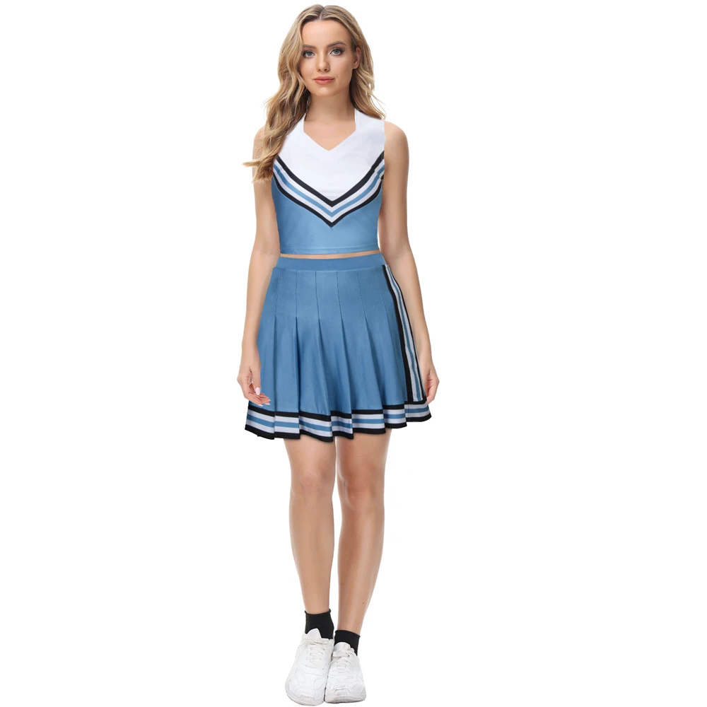 Olivia Cheerleader Uniform Princess Top Skirt Blue White Cheerleading Outfits Halloween Party Costume for High School Girls