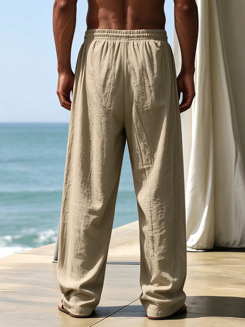Men Linen Long Pants Drawstring Waist Loose Fit Solid Casual Daily Office Beach Vacation Outdoor Street Travel Everyday Wear