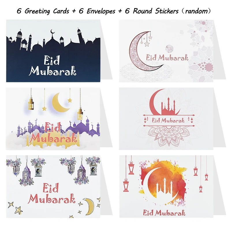 

6Pcs Eid Mubarak Invitation Cards Envelopes Paper Stickers Church Ramadan Greeting Card For Islamic Muslim Party Decor Eid Gifts