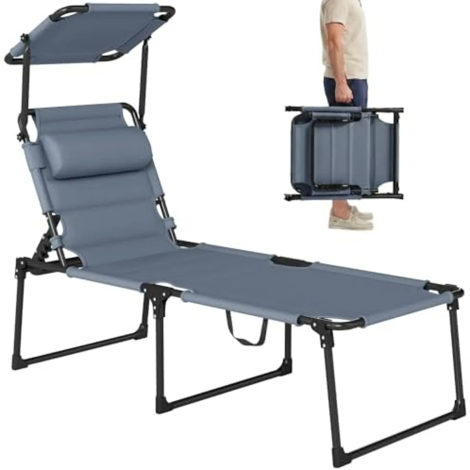Outdoor Lounge Chair Adjustable Tanning Chair Gray | Folding Chaise Lounge, Cushioned, Sunshade Roof, Pillow Headrest