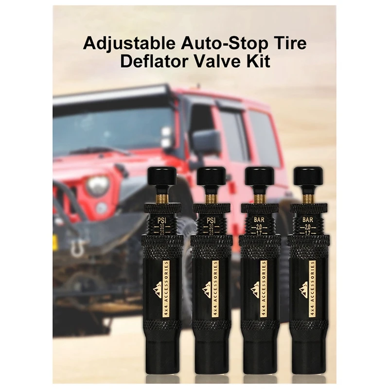 Adjustable Auto-Stop Tire-Deflator Valve Kit (10-30 PSI) 4 PCS Screw-On Tyre Air Down Tool For Vehicles Motorcycle