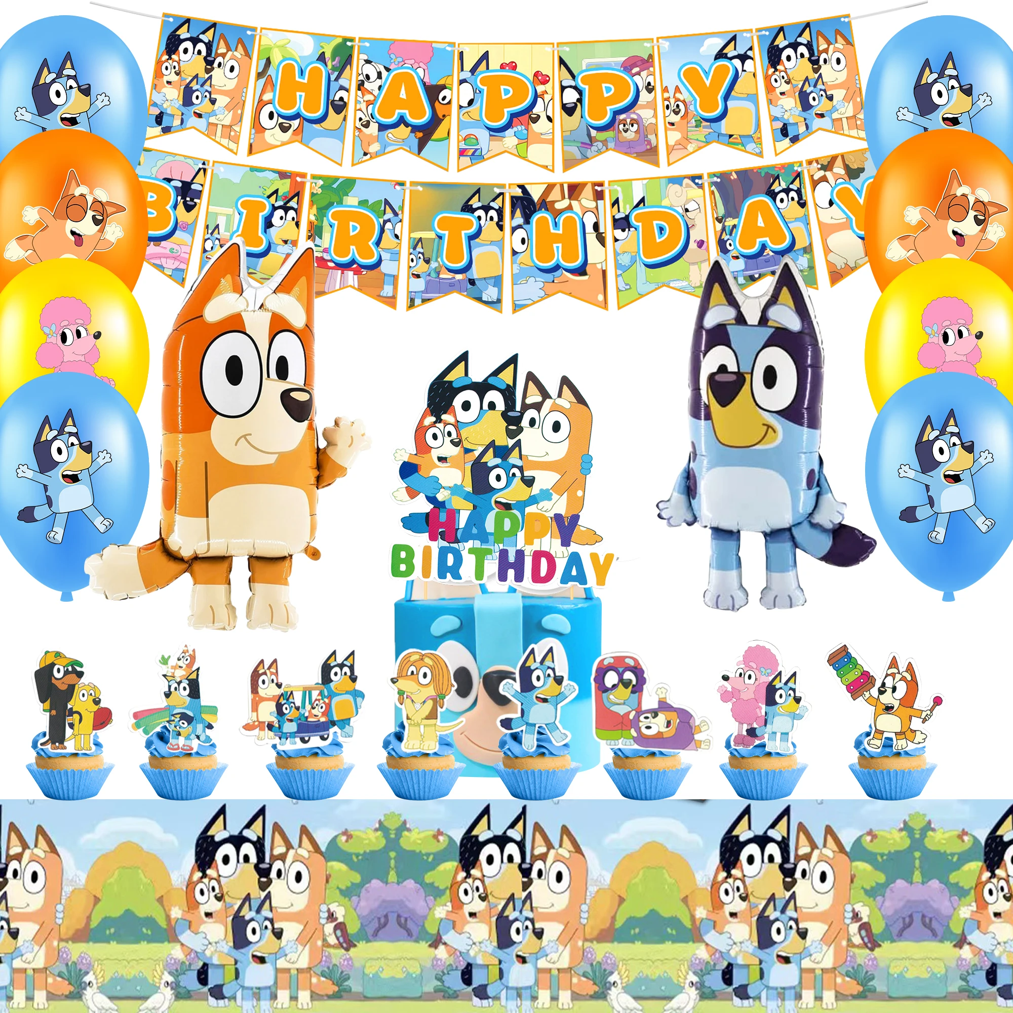 29 pièces de décorations d'anniversaire Bluey - décorations de fête Bluey, ballons, bannière, nappes, etc. Décorations de fête d'anniversaire Bluey