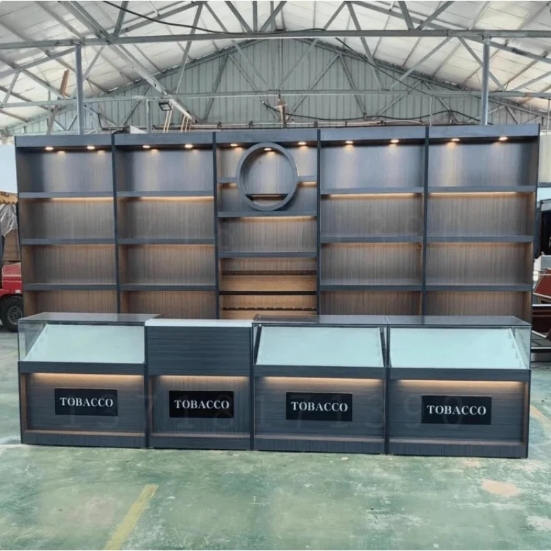 custom.Customized Solid Wood & Steel Display Stand Tobacconist's Luxury Red White LED Counter Adjustable Durable Floor Mount view 5