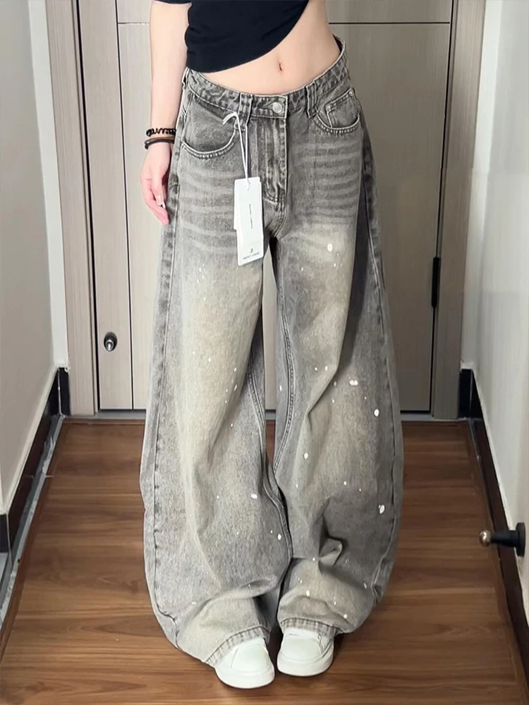 

Retro American High Street Splaed Ink Denim Pants Women's Autumn Winter New Design Loose Lazy Wide Leg Pants