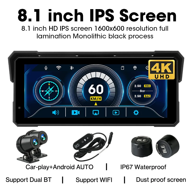 Jansite Draagbare 7/8.1 inch IP67 Waterdichte Motorfiets 4K DVR GPS Navigatie Draadloze Carplay Android Auto Moto Recorder Monitor