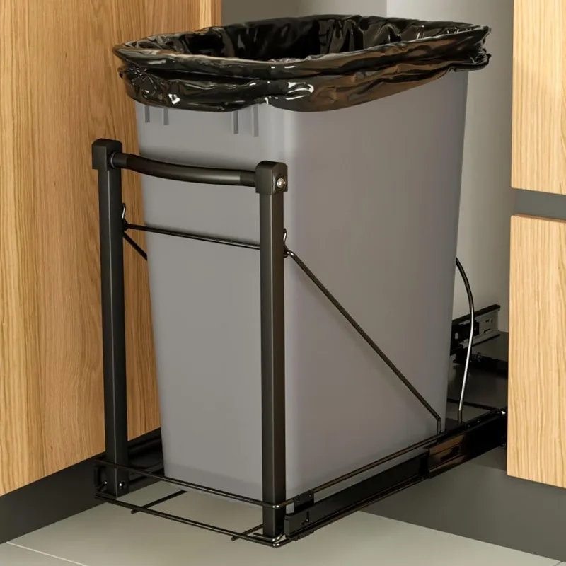 

Adjustable Under Cabinet Trash Can Organizer with Soft Close Rail - Heavy Duty Black Steel Under Sink Pull-Out Organizer,