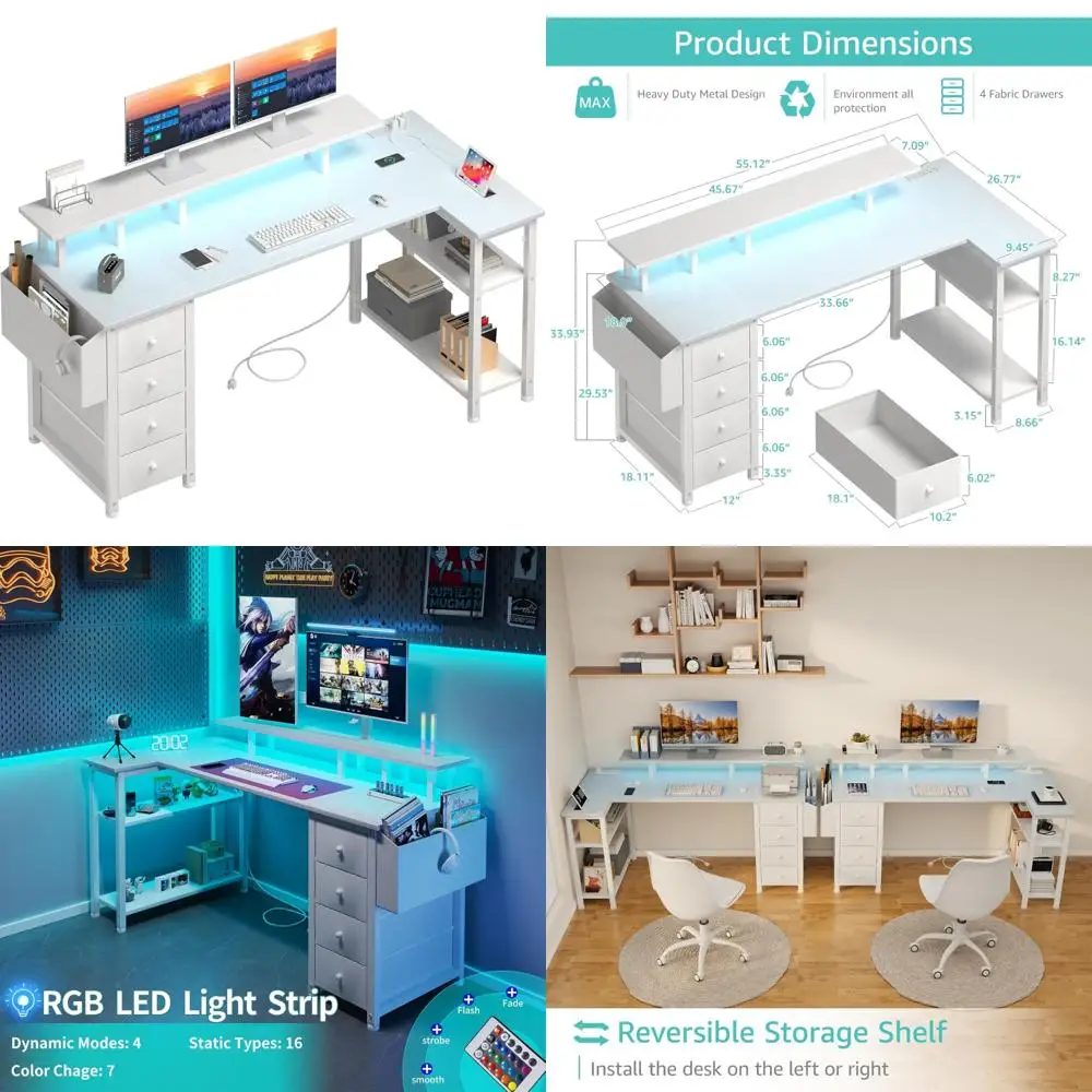 Escritorio esquinero de 55 pulgadas con cajones de tela, escritorio de oficina en casa con soporte para monitor y estantes