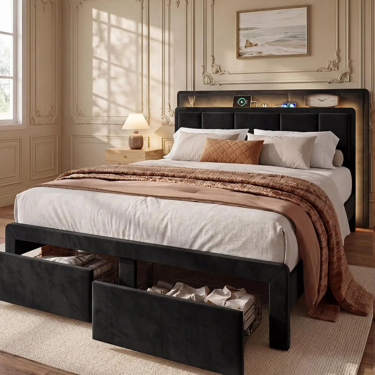 Queen Platform Bed Frame, Black, with 2 Wheeled Storage Drawers, Built-in Charging Station and LED Lights, Layered Upholstered Headboard, Heavy-Duty Metal Support, No Box Spring Required