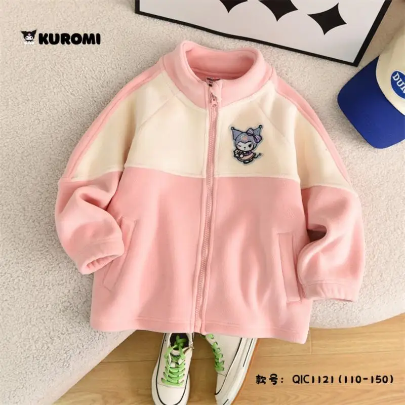 Hot Sanrio Girl Winter Glitter Kuromi Casual Hoodie Loose Coat Hello Kitty Kawaii Children Tops with Velvet Cartoon Gift New