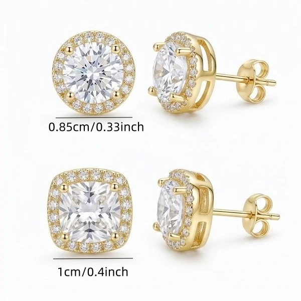 2 Pairs Cubic Zirconia Fake Diamond Earrings, Halo Round Square Studs Set, Unisex，Birthday Christmas New Year Gift