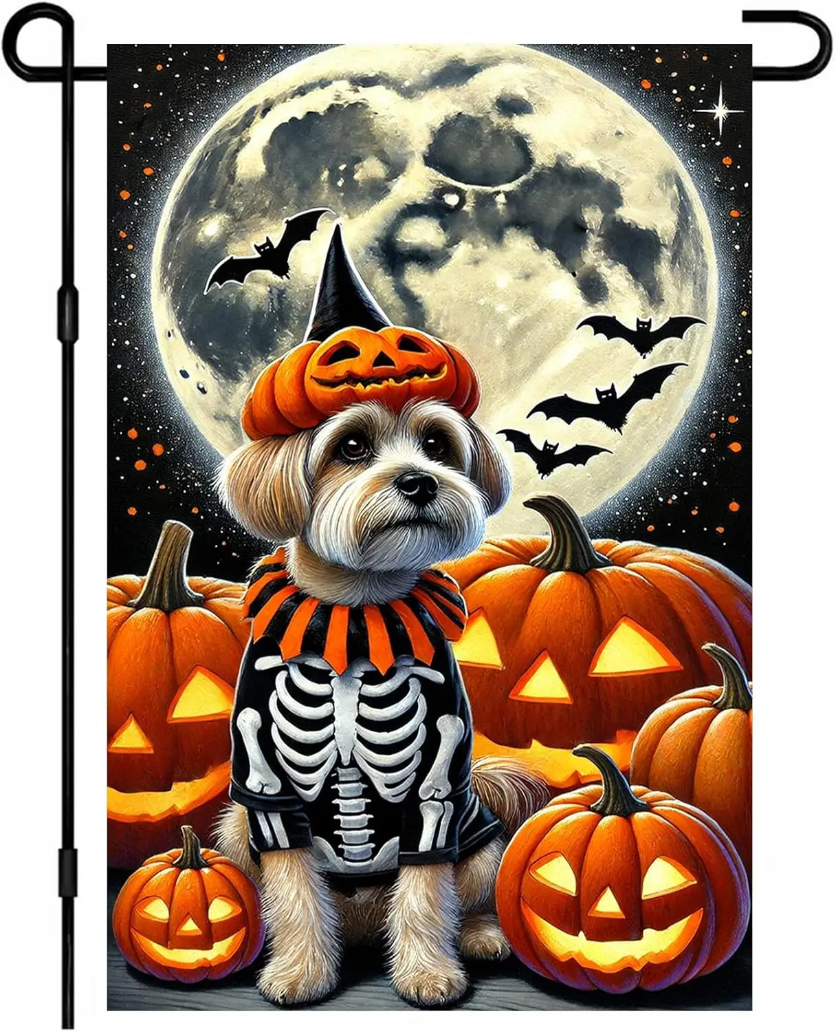 Halloween Welcome Dog Skeleton Costume Garden Flag 12x18 Inch | Double sided Dog Skeleton Costume Pumpkins for front door po uui