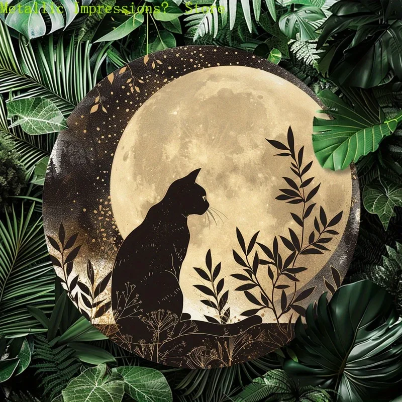 1PC 2D flach mit einer schwarzen Katze und dem Mond, hergestellt im Vintage-Stil, rundes Schild, Holzschild, Wandbehang, Heimtürdekoration, Partygeschenk