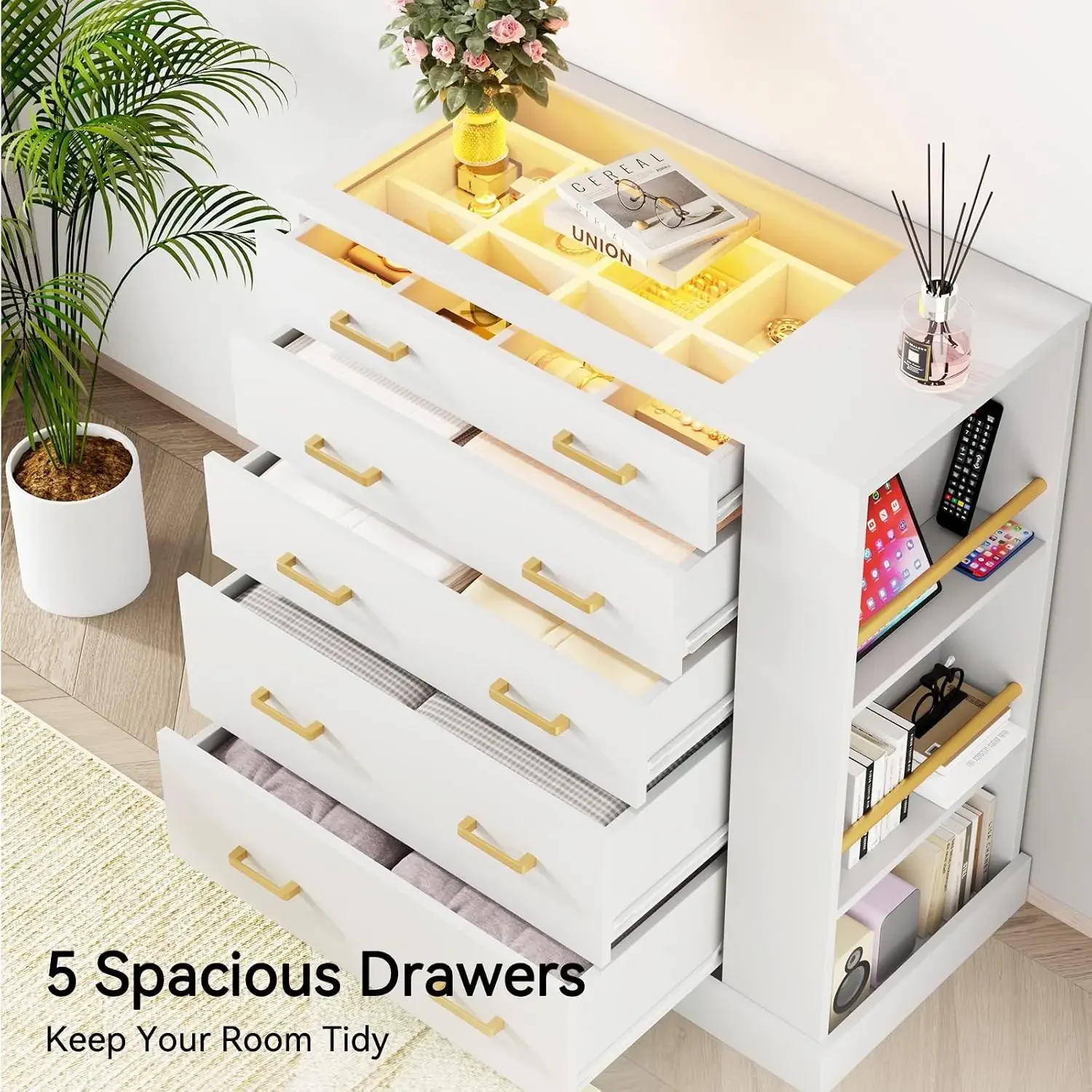 Closet Island with Open Shelves, Modern Glass Top Dresser with LED Lights, Tall Chest of Drawers with Jewelry Organizer for Bedr view 6