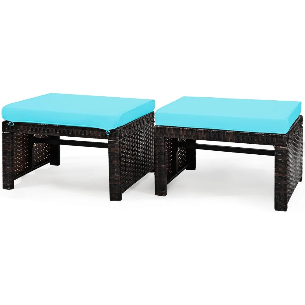 

2 Pieces Patio Rattan Ottomans, All Weather Outdoor Footstool Footrest Seat with Soft Cushion, Hidden Zipper, High-Density Spon