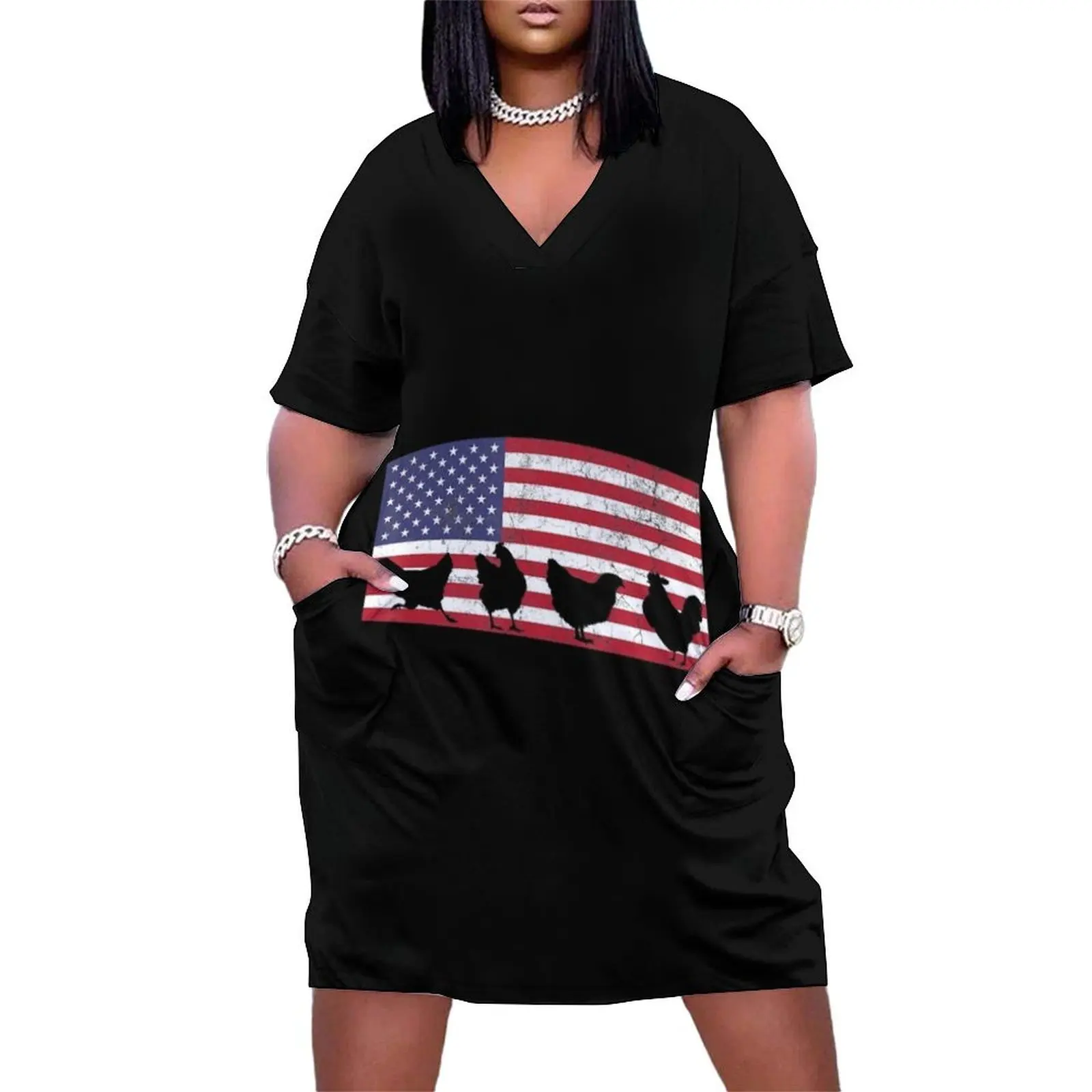 American Flag Chicken Lover USA 4th Of July Animal Lover Loose Pocket Dress Dresses Women's dress